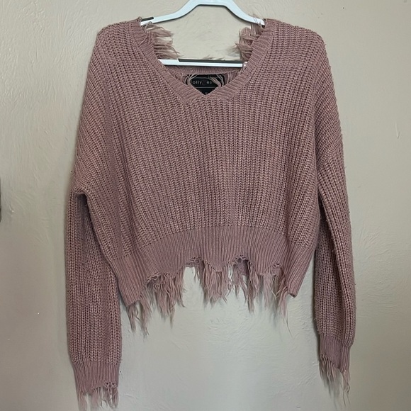 Polly & Esther Sweaters - Polly & Esther Destructed Frayed Edge V-Neck Long Sleeve Junior's Sweater.